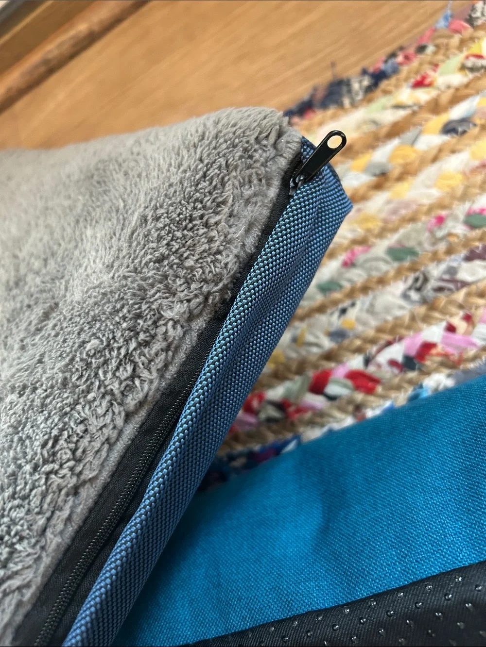 Teal Rectangular Pet Bed with Gray Plush Insert